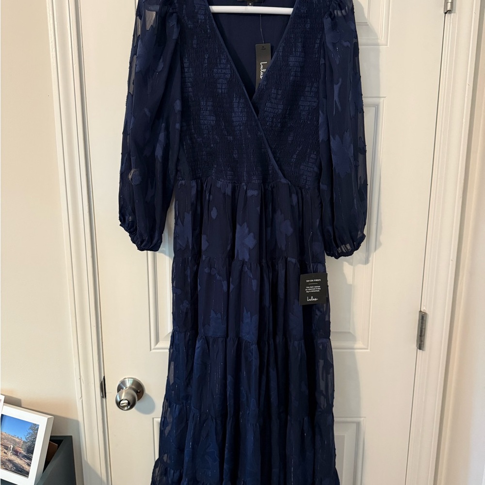 Lulu's Blissful Darling Navy Blue Burnout Floral Jacquard Midi Dress